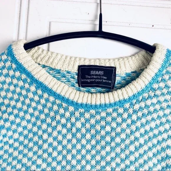 SEARS GRANDPA BLUE OFF WHITE KNIT SWEATER OVERSIZED TOP UNISEX WOMEN MEDIUM - Picture 4 of 10